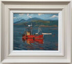 RED BOAT ON LOCH LONG, ARDENTINNY, SCOTLAND.