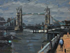 TOWER BRIDGE PAINTED FROM WAPPING, MAN WITH DOG.